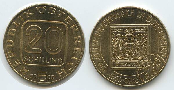 20 schilling (150 Aniversario-Sellos de Austria)