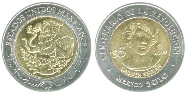 5 pesos (Centenario de la Revolución-Carmen Serdán)