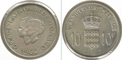 10 francs (10 Aniversario de la Boda de Rainiero y Gracia)