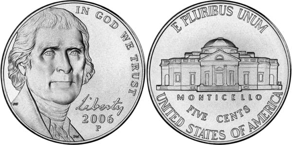 5 cents (Jefferson Nickel - Thomas Jefferson - Monticello)